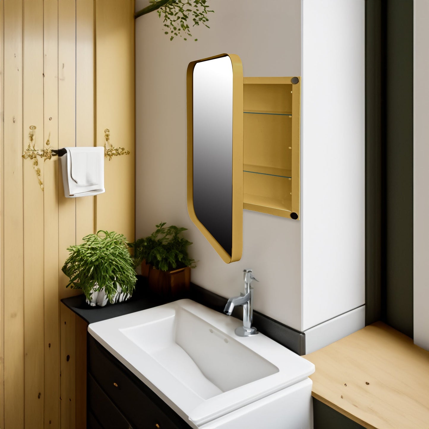 16x24 inch embedded metal frame medicine cabinet with mirror storage cabinet and adjustable shelf matte gold - Korvel