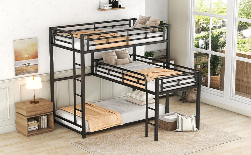 L-shaped Metal Triple Twin Size Bunk Bed, Black - Korvel