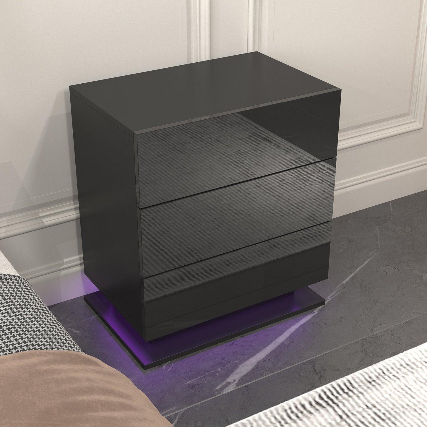 Nightstand with 3 Storage Drawers,Led Lights, End Table for Bedroom Furniture - Korvel