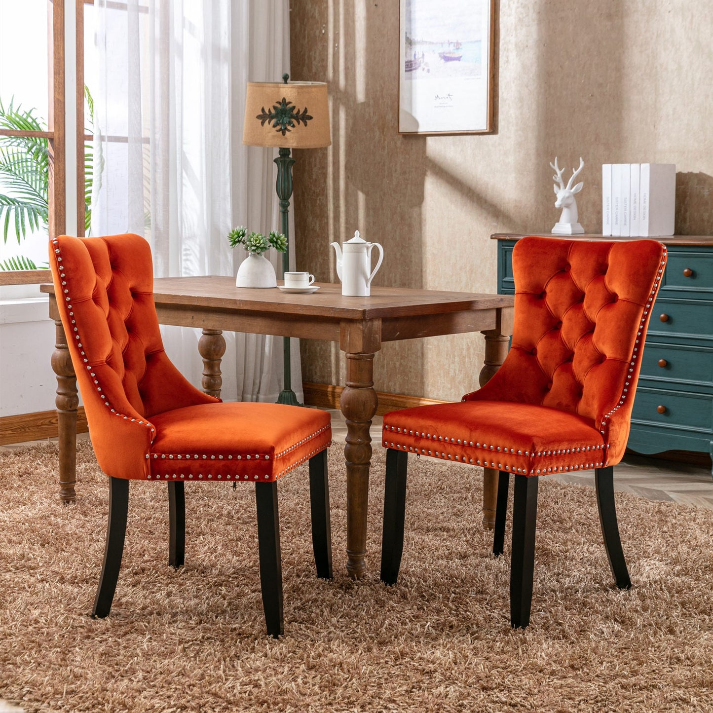 Premium Velvet Upholstered Dining Chair Set - Orange
