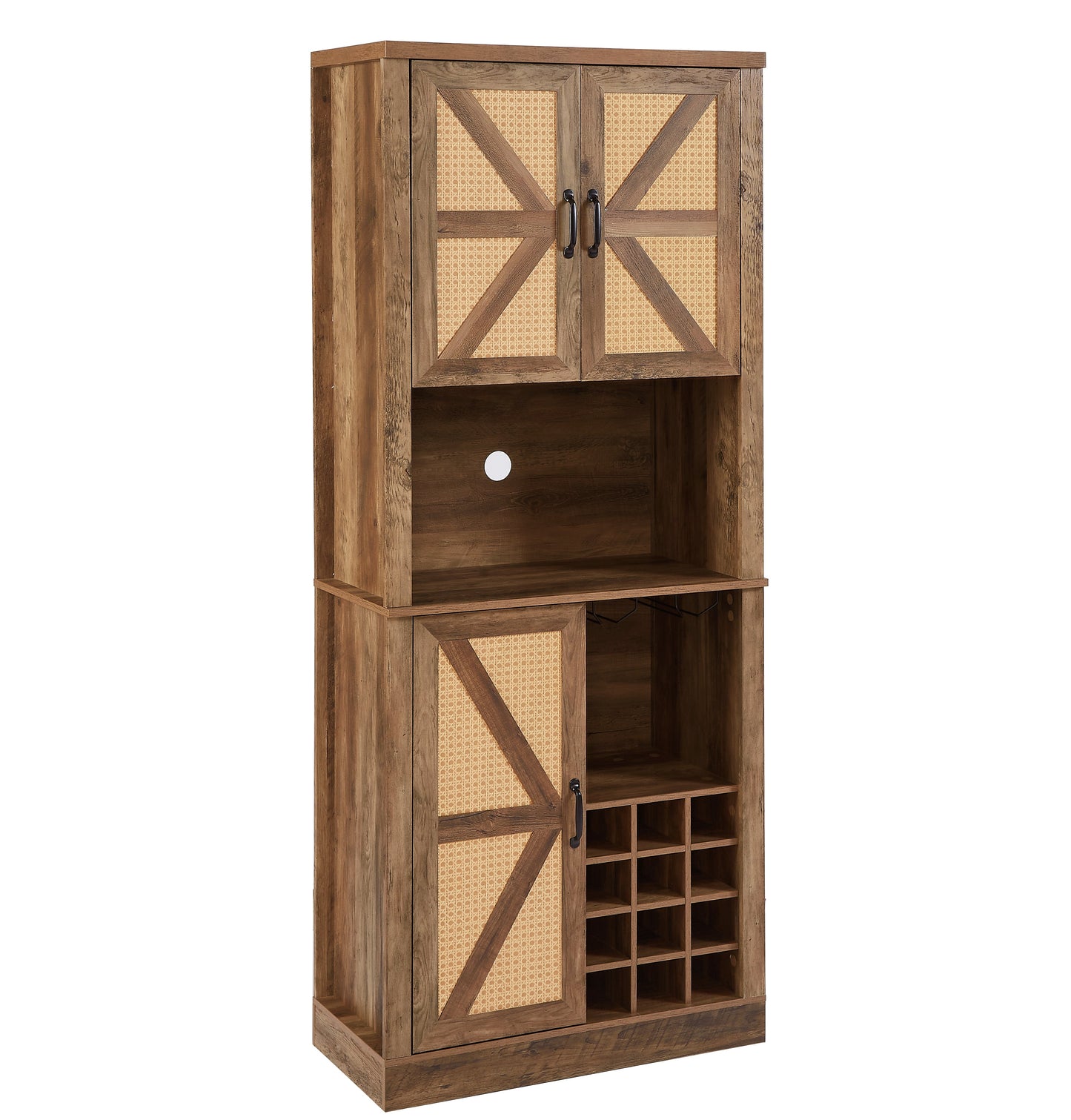 76-Inch Rustic Oak Farmhouse Wine Cabinet with Faux Rattan