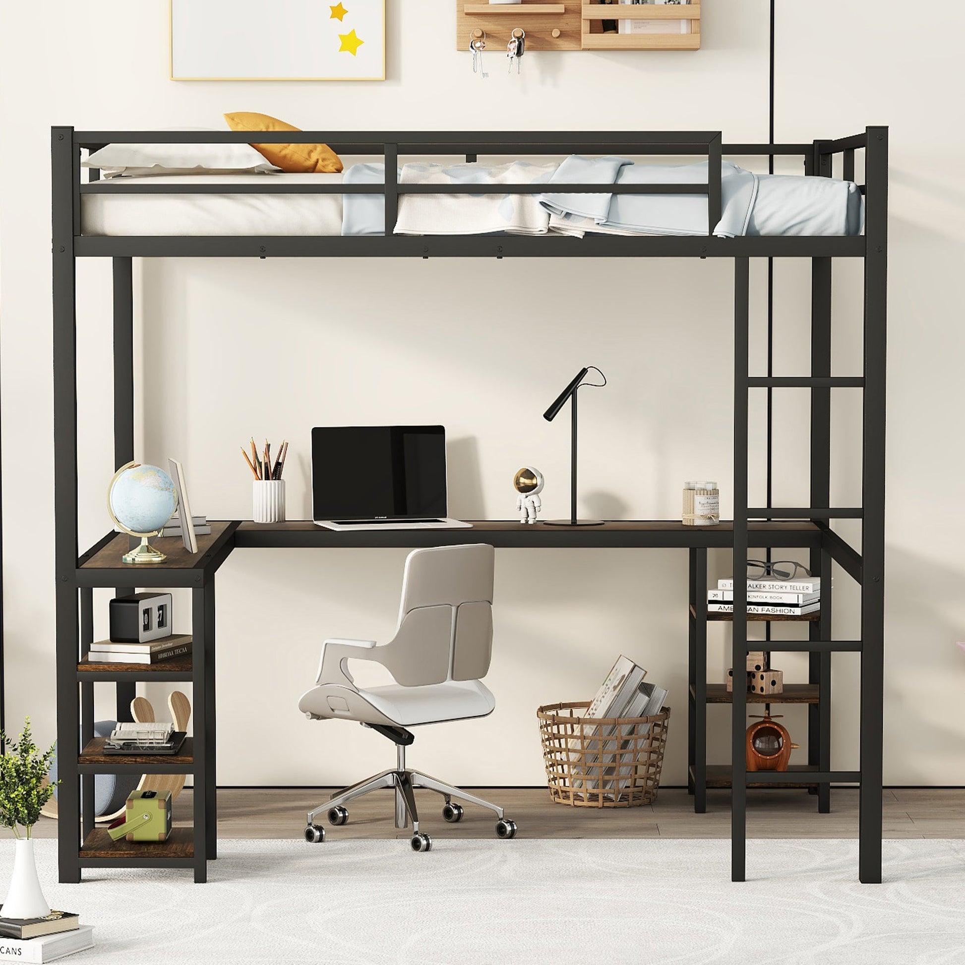 Full metal loft bed with desk and shelf, loft bed with ladder and guardrail, black with retro wood desk - Korvel