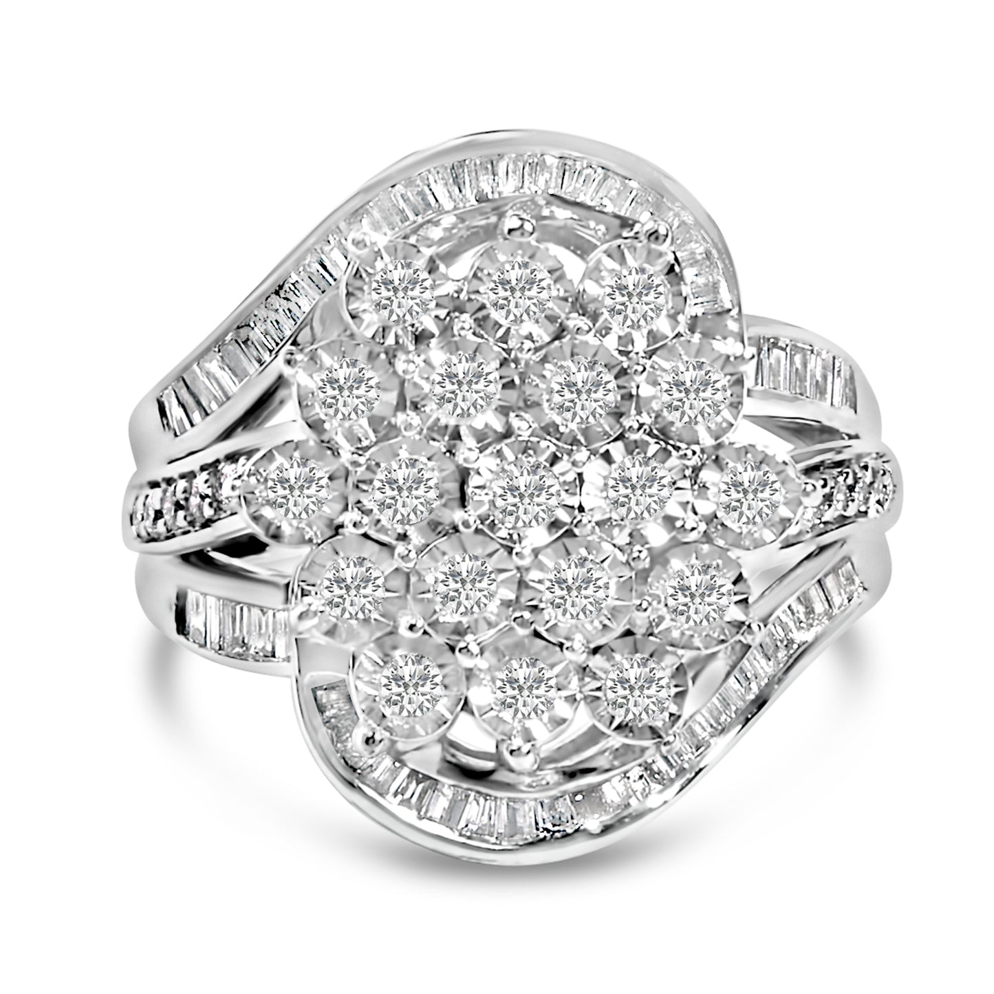 Sterling Silver 1.0 Cttw Diamond Swirl Cluster Ring