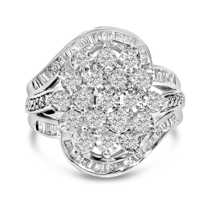 Bague en argent sterling avec cluster de diamants en tourbillon de 1,0 Cttw