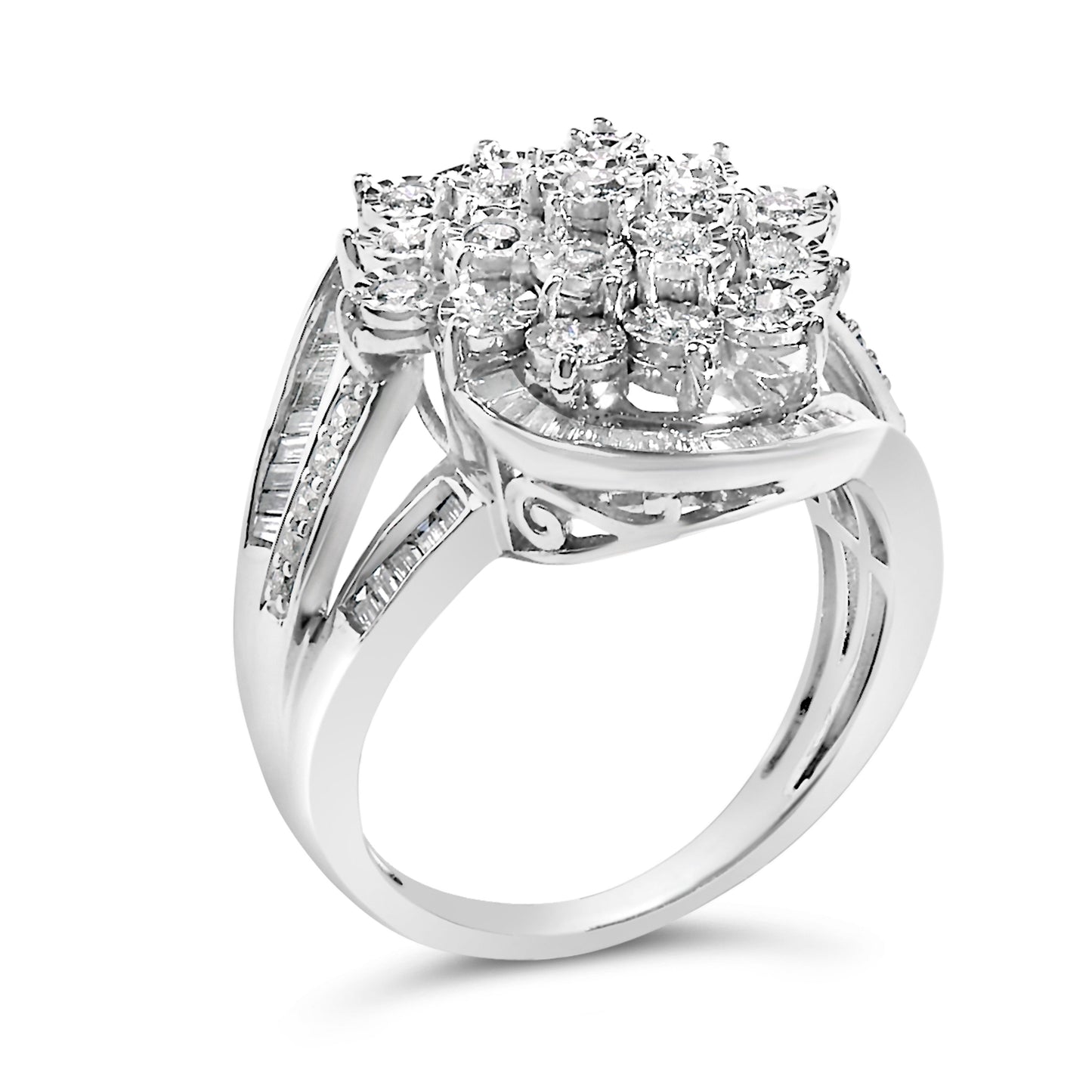 Sterling Silver 1.0 Cttw Diamond Swirl Cluster Ring