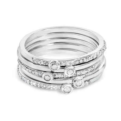 Ensemble de bagues empilables en argent sterling avec diamants en sertissage clos et pavé