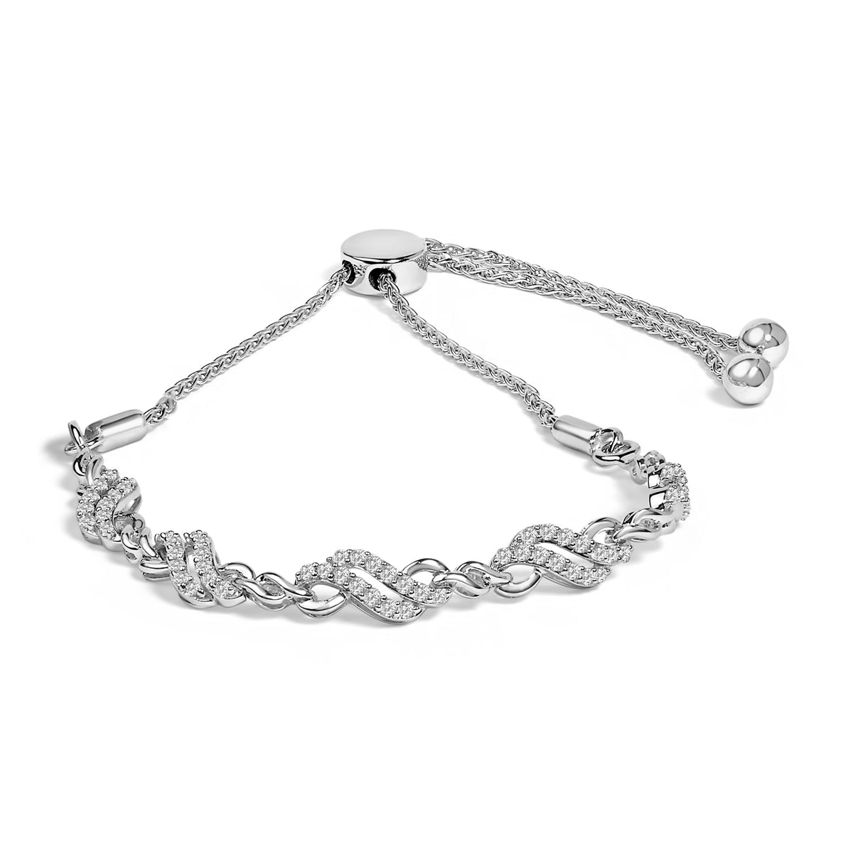 .925 Sterling Silver Diamond Double Wave Bolo Bracelet
