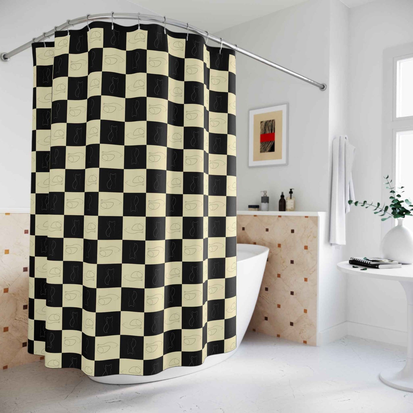 Checked Feline Shower Curtain - Elegant Gold & Black Design