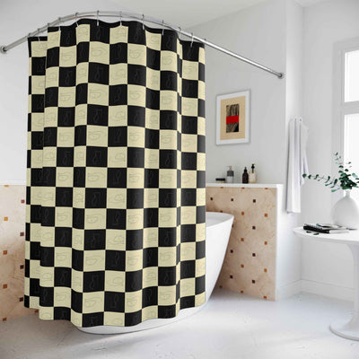 Checked Feline Shower Curtain - Elegant Gold & Black Design