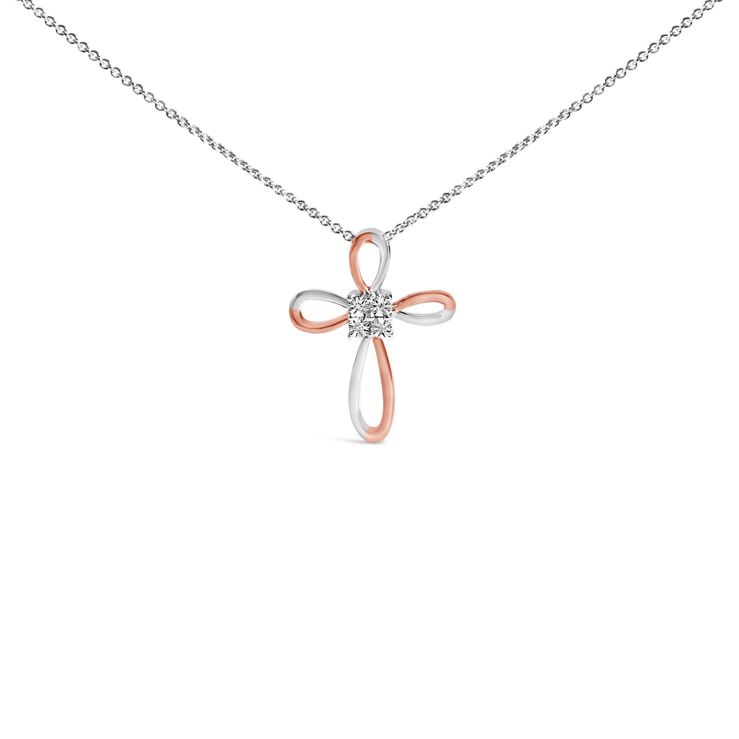Collar con colgante de cruz de plata esterlina con acento de diamante chapado en oro rosa de 10K