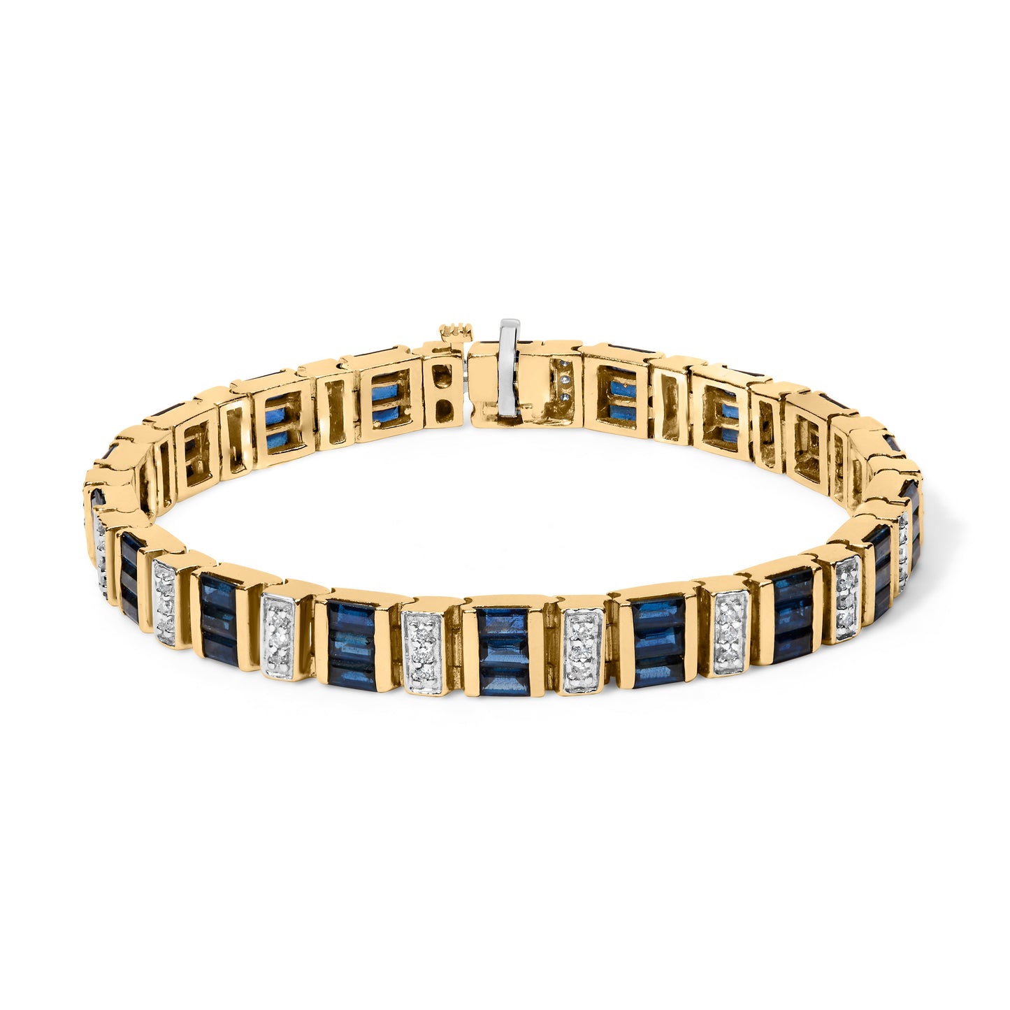 Pulsera de eslabones de diamantes y zafiros azules de oro amarillo de 14K - 7"