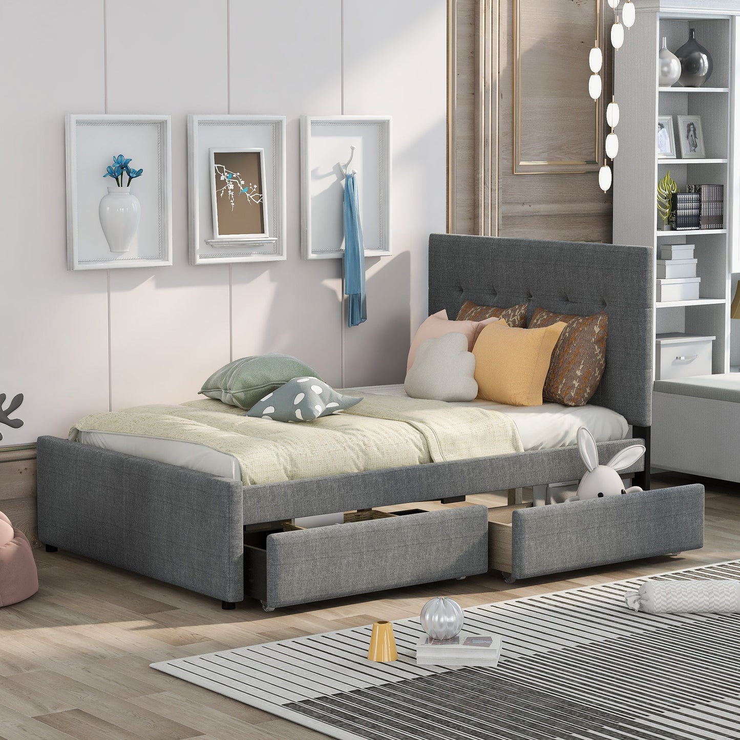 Linen Upholstered Platform Bed With Headboard and Two Drawers Full - Korvel