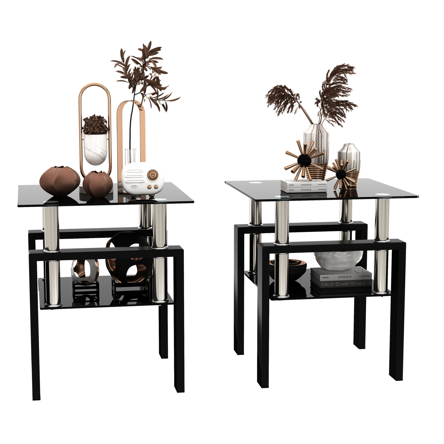 Set of 2, Modern Tempered Glass Tea Table Coffee Table End Table, Square Table for Living Room, Black - Korvel