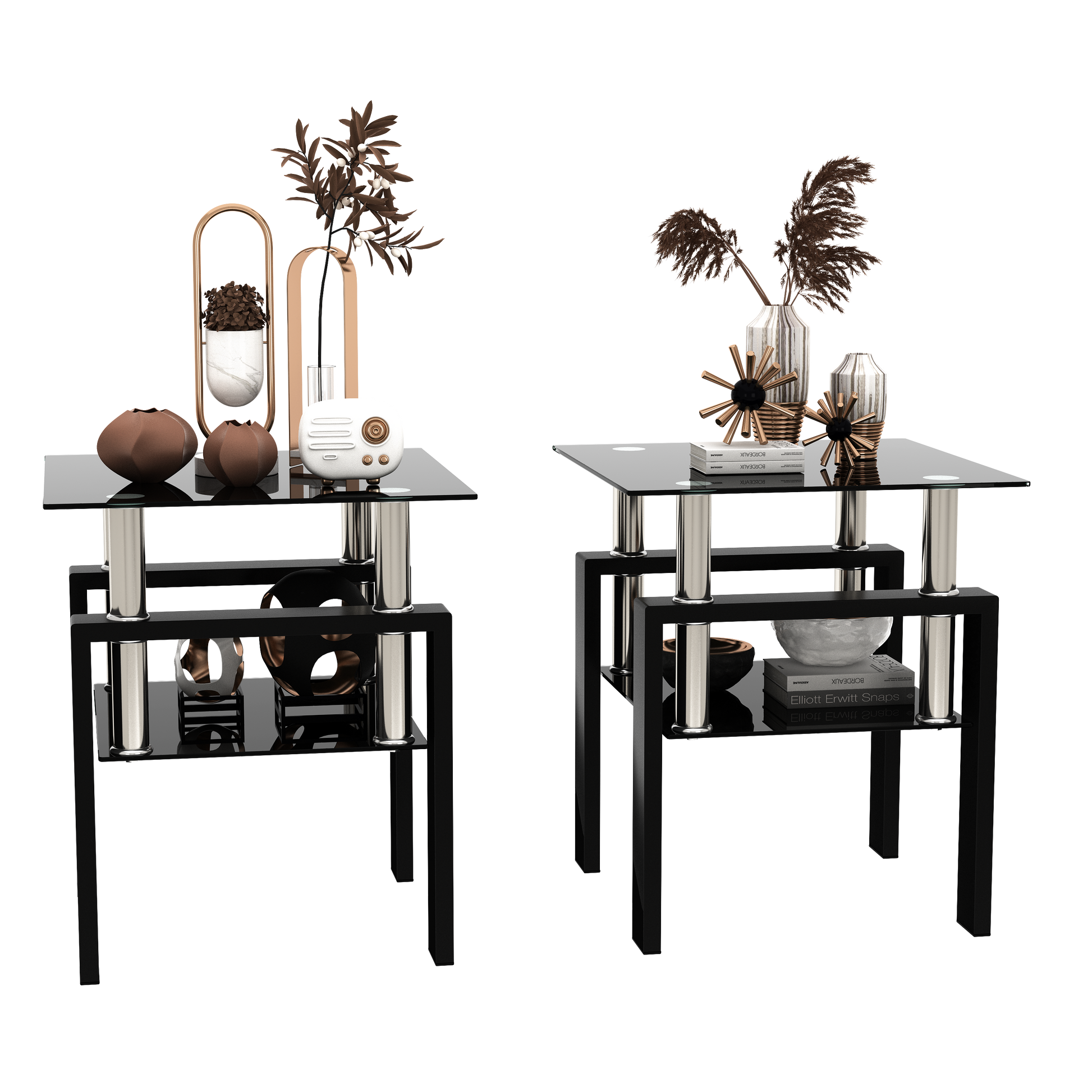 Set of 2, Modern Tempered Glass Tea Table Coffee Table End Table, Square Table for Living Room, Black - Korvel