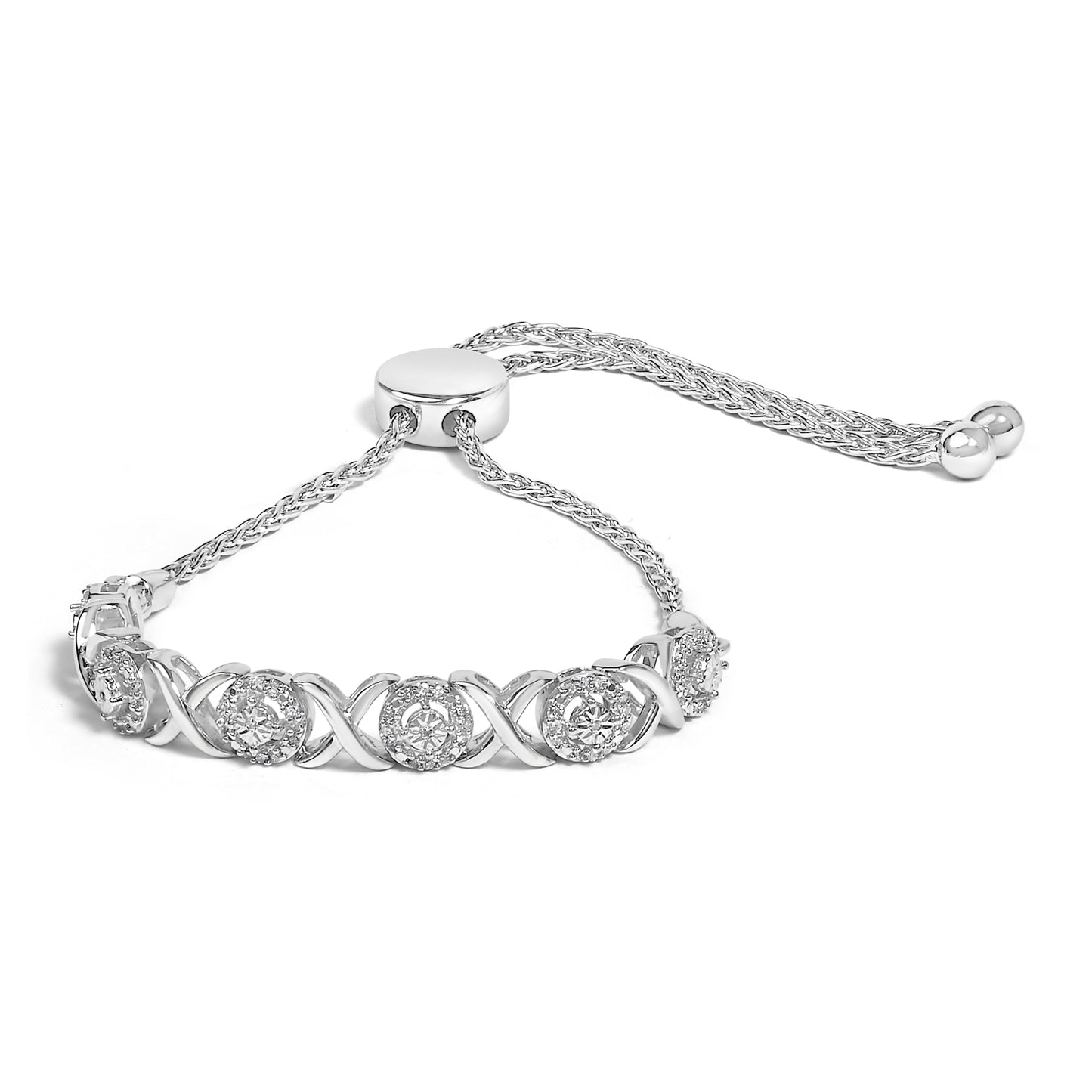 .925 Sterling Silver Diamond X and O Bolo Bracelet