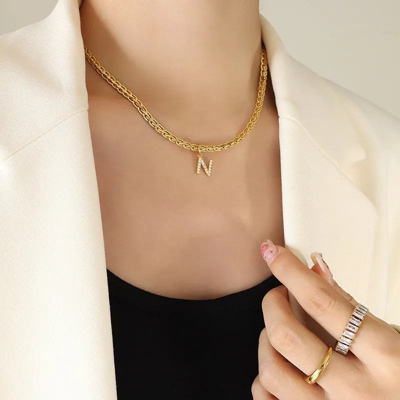 Brass Inlaid Zircon Letter Pendant Necklace - Korvel
