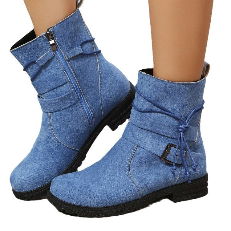 Buckle Square Heel Round Head Fashion Boots with Side Zipper