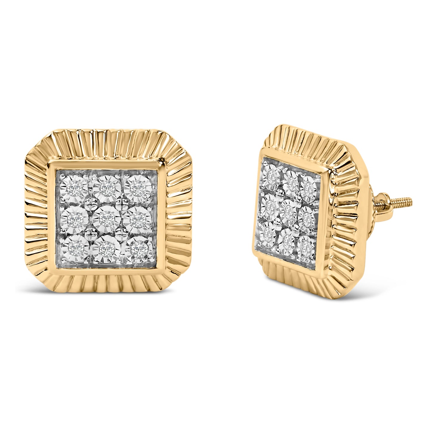 10K Yellow Gold Plated Sterling Silver Diamond Halo Stud Earrings