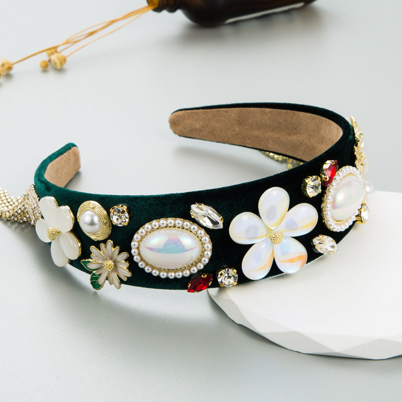 Diadema de terciopelo con borlas de perlas barrocas vintage