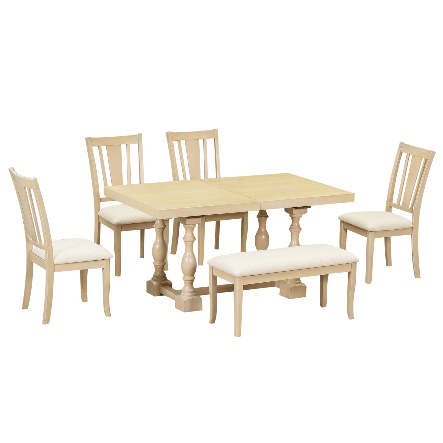 Traditional 6-Piece 78inch Trestle Extendable Dining Table Set with One 18inch Removable Leaf Padded Dining Chairs Bench,Natural - Korvel