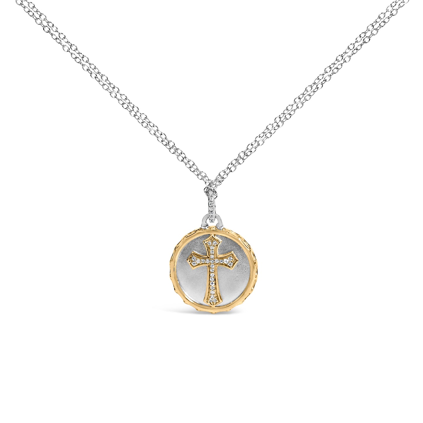 14K Yellow Gold Plated Sterling Silver Diamond Cross Medallion Necklace