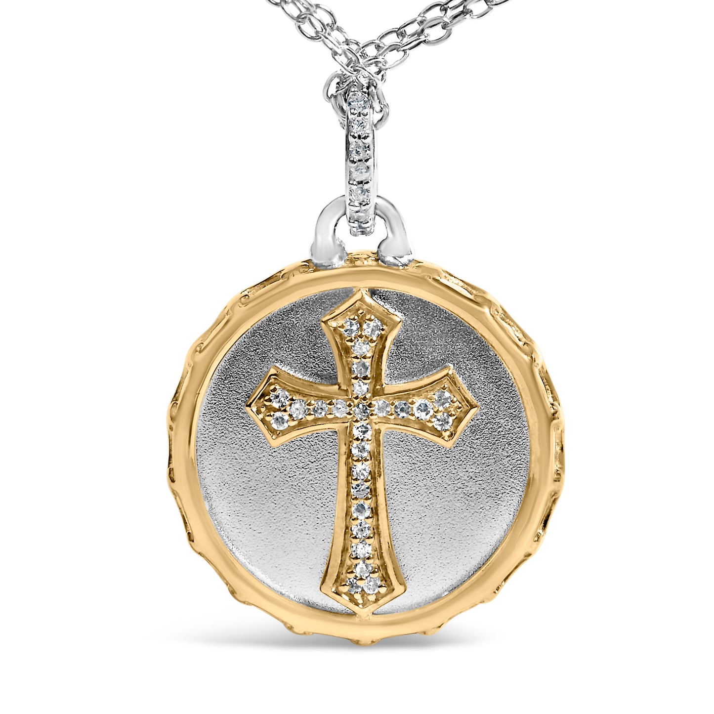 14K Yellow Gold Plated Sterling Silver Diamond Cross Medallion Necklace