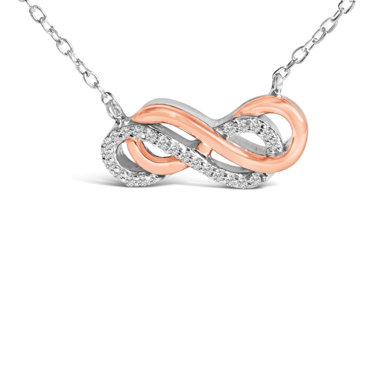 Collier Pendentif Double Infini en Argent Sterling Plaqué Or Rose 14K avec Accent de Diamant