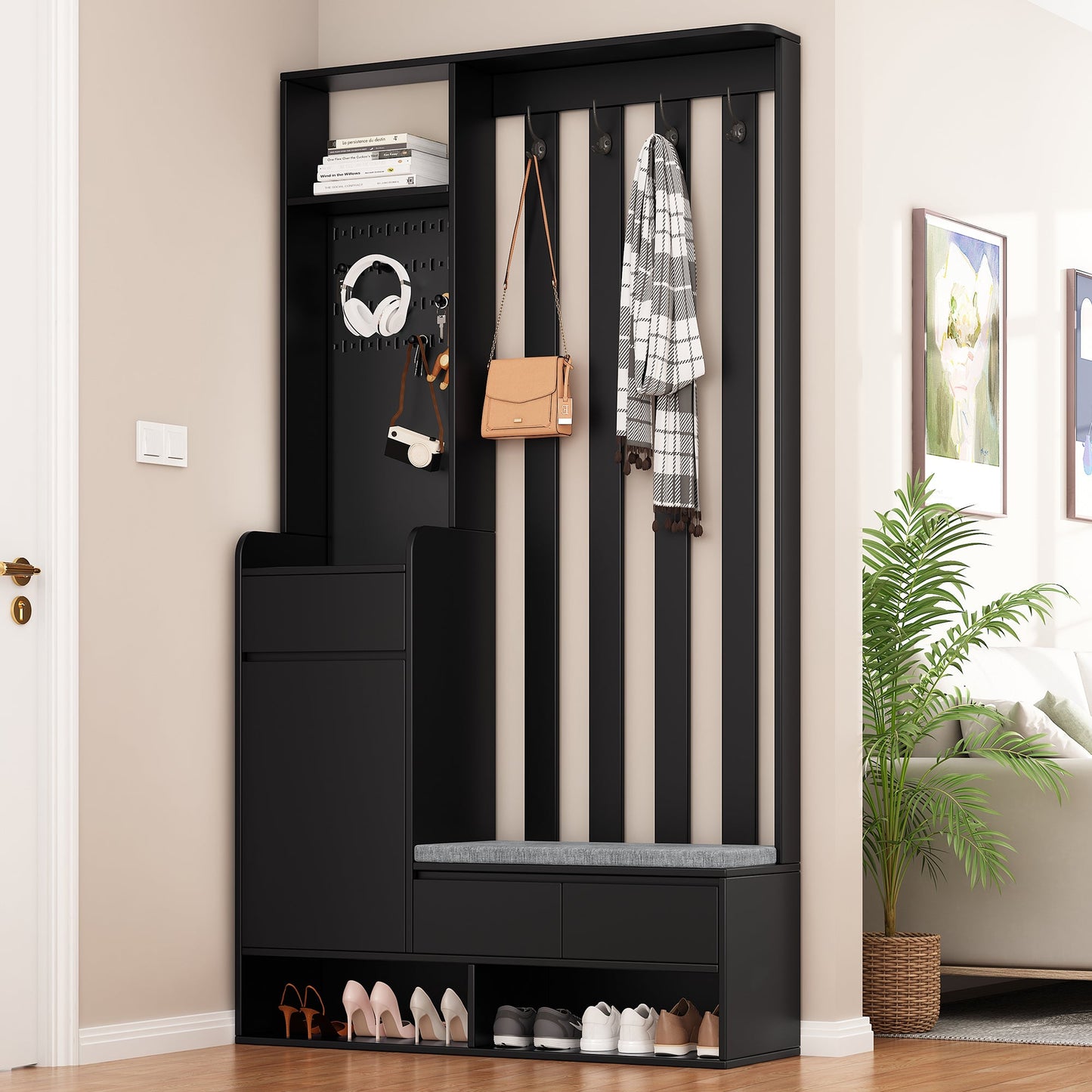39.3'W70.8'H multifunctional corridor shoe cabinet with soft padded nail board and black hanger with entrance hook - Korvel