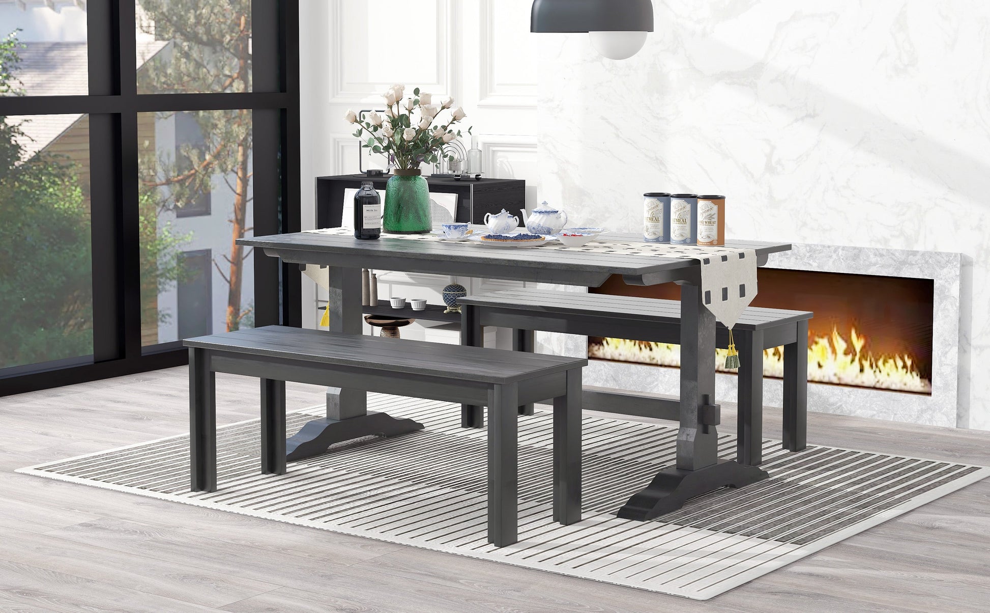 TREXM 3-piece retro cutlery set, rectangular stand table, and 2 wooden stools for 4 people (gray) - Korvel