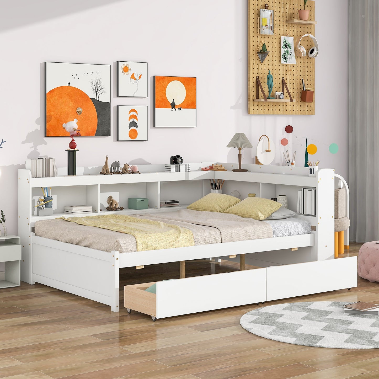 Elegant Full Bed with L-shaped Bookcases and Drawers in White