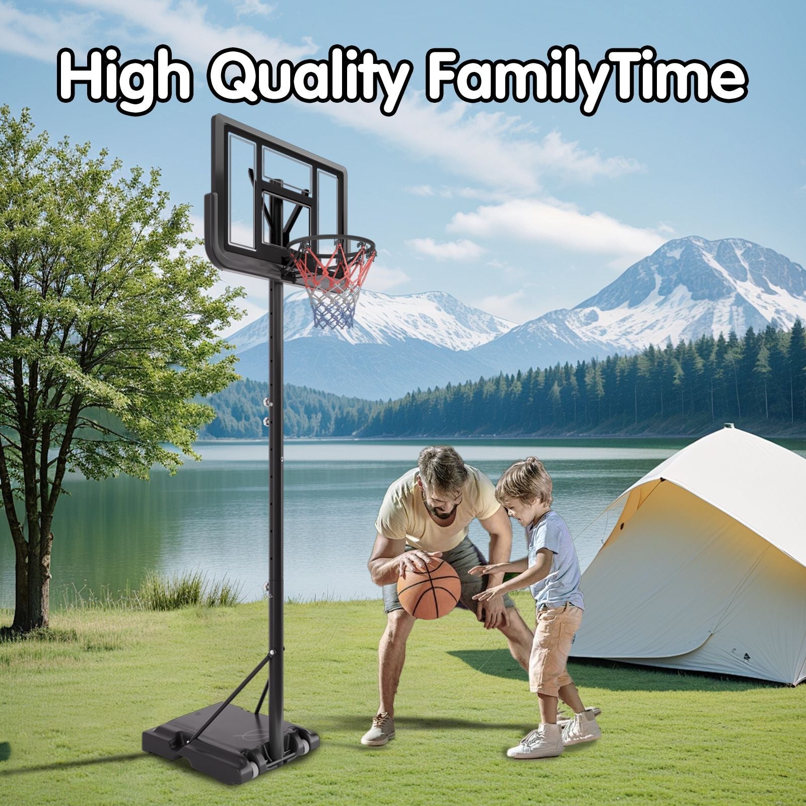 Basketball Hoop Basketball System 4.76-10ft Height Adjustable with 4 Basketball, Net Pocket, Inflator Set - Korvel