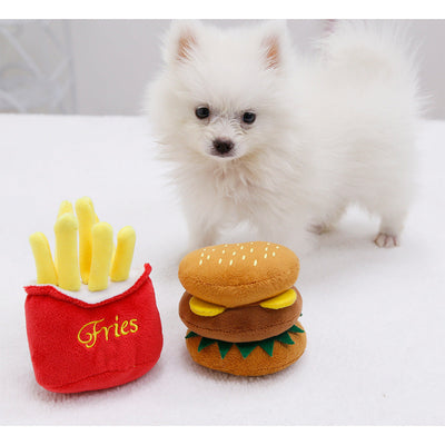 Cute Cat Plush Sound Toy - Adorable Cat Toy with French Fries and Hamburger for Small and Medium Dogs and Teddy Bears - Korvel