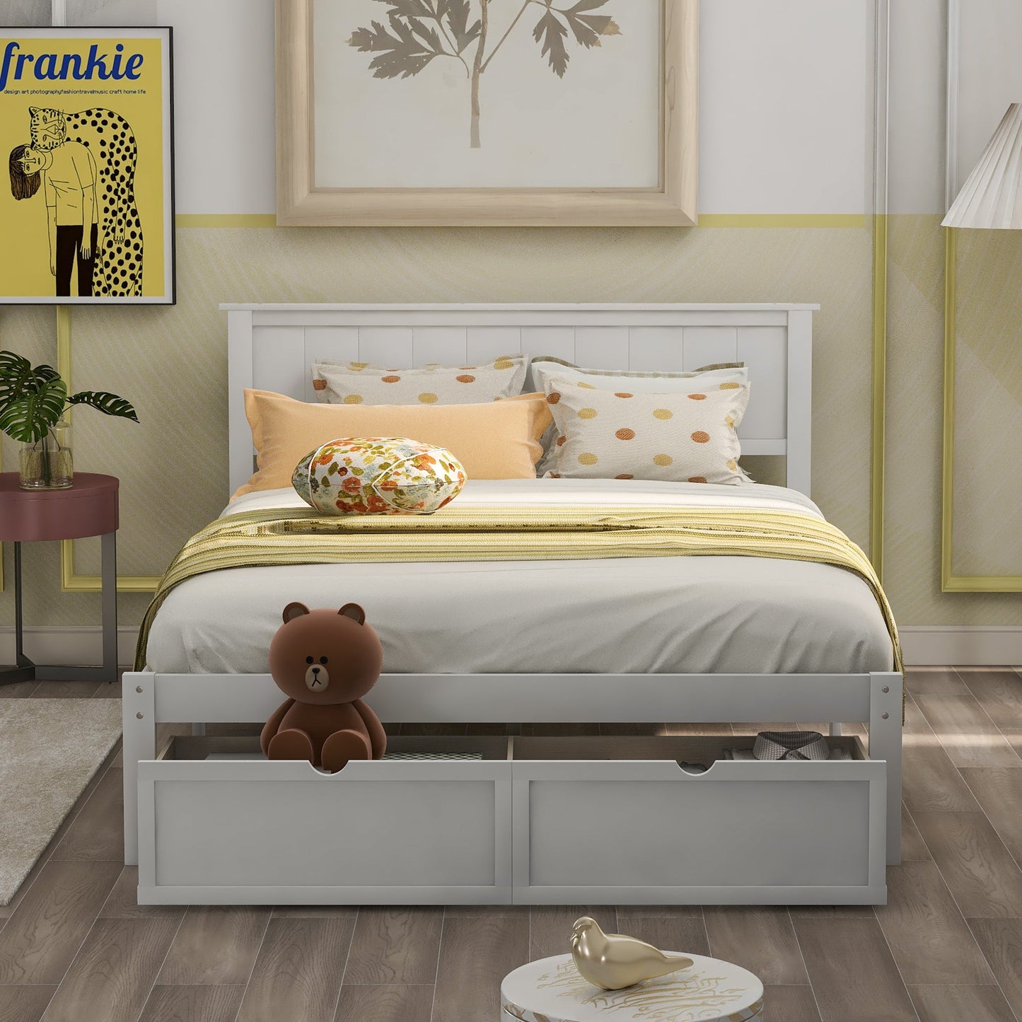 Lit plateforme de taille complète avec tiroirs sous le lit - Blanc