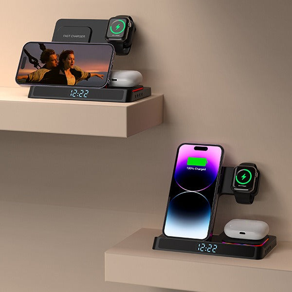 Station de charge sans fil 4-en-1 avec horloge pour appareils Apple