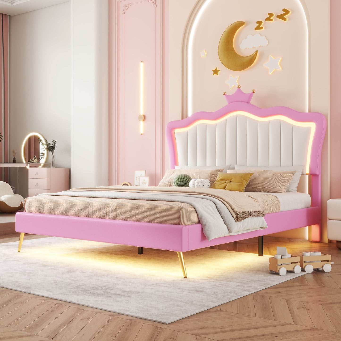 Full Size Upholstered Bed Frame with LED Lights, Modern Upholstered Princess Bed with Crown Headboard, Pink+White - Korvel