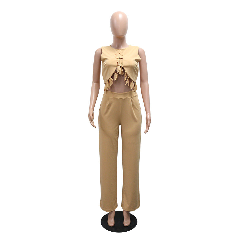 Round Neck Casual Sleeveless Sexy Top with Slim Long Pants Two-Piece Women's Set - Korvel
