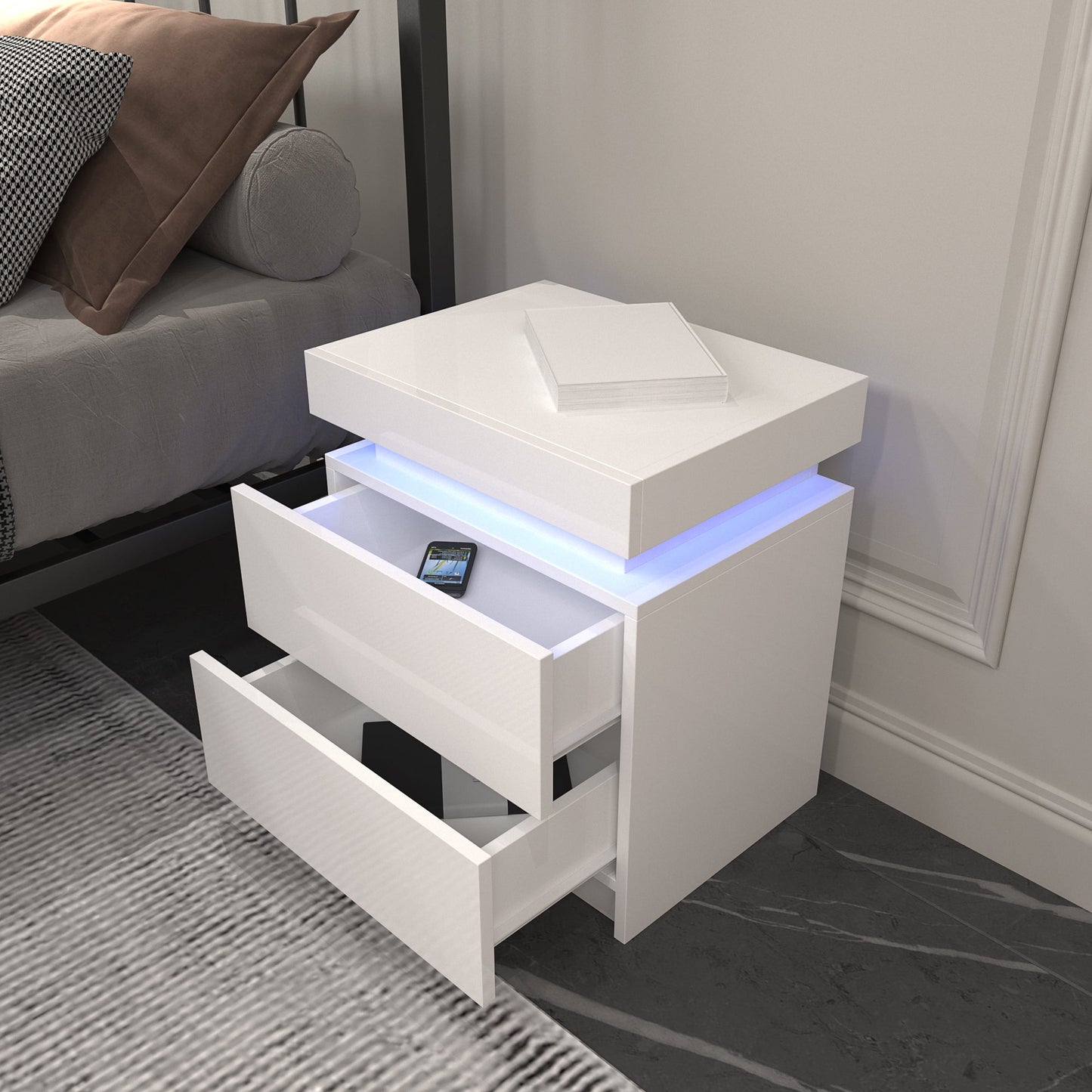 Modern white Nightstand With 2 Storage Drawers,Led Lights, End Table For Bedroom Furniture - Korvel