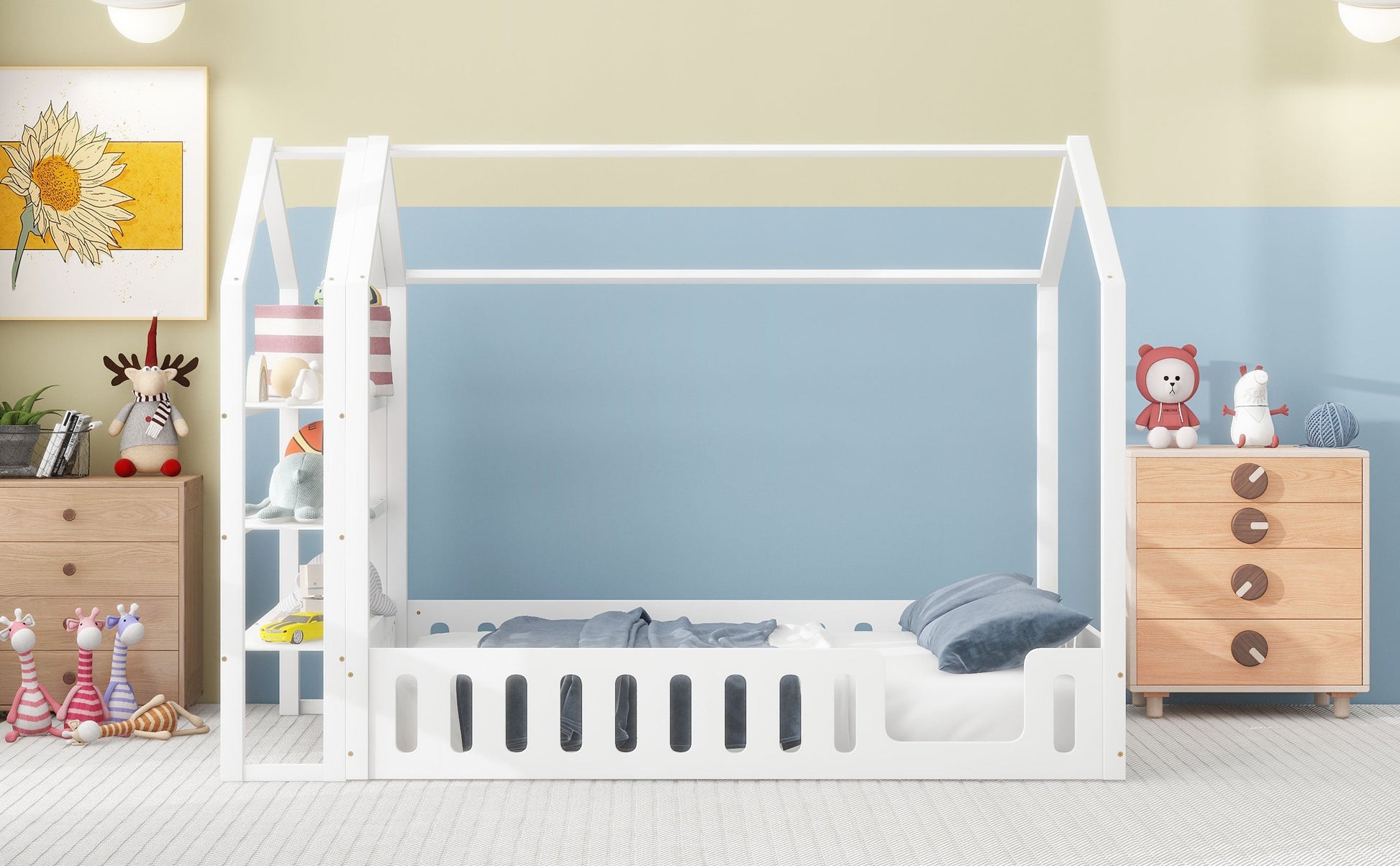 Full Size Wood House Bed with Fence and Detachable Storage Shelves, White - Korvel