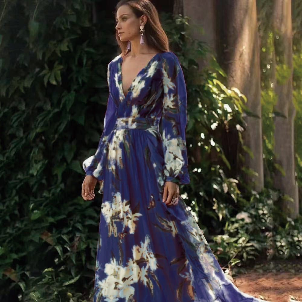 Winter New  Style V-Neck Long Sleeve Four-Way Stretch Printed Flared Dress - Korvel