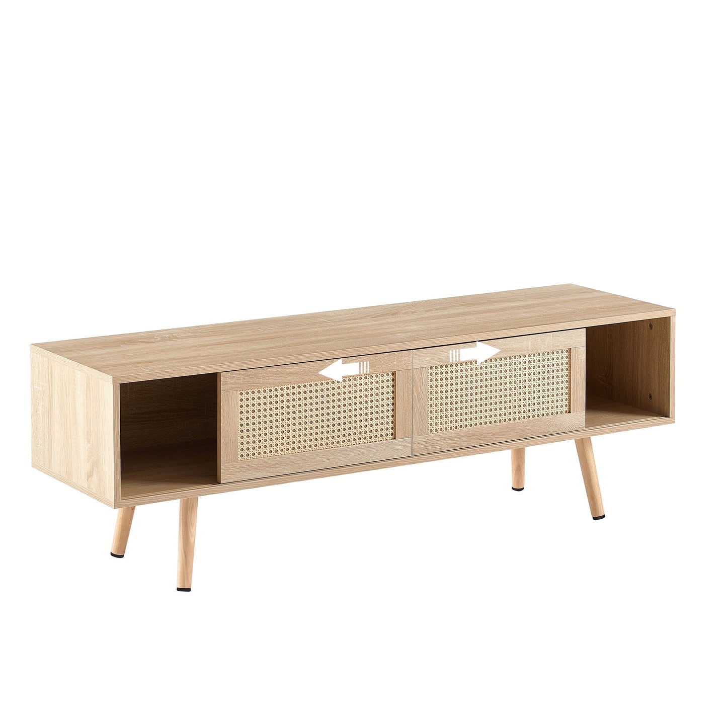 55.12" Rattan TV cabinet double sliding doors for storage adjustable shelf solid wood legs TV console for living room natural - Korvel