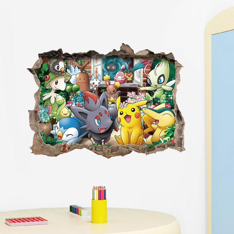 New 3D Pikachu Wall Sticker Pok é mon Wallpaper Self adhesive Cartoon Graffiti Anime Poster Children's Room PVC - Korvel