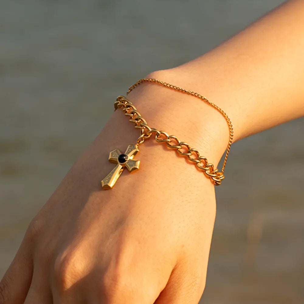 Stainless Steel Imitation Gemstone Cross Pendant Bracelet