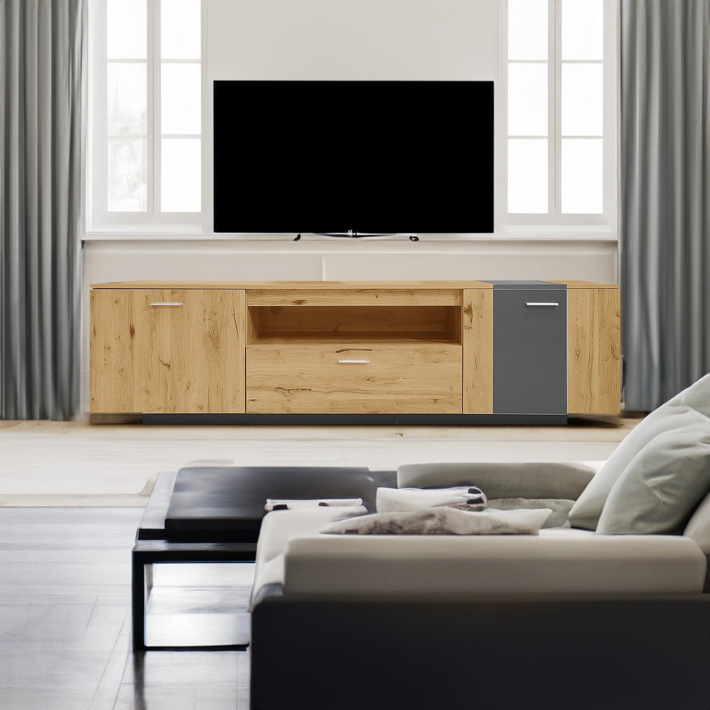 70 inch modern TV stand with 3 cabinets and drawers, entertainment center can accommodate TVs under 80 inches - Korvel
