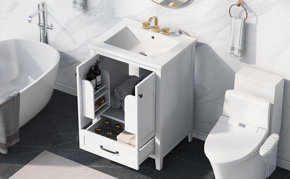 24" Bathroom Vanity with Sink, Bathroom Vanity Cabinet with One Drawer and Doors, Solid Wood and MDF, White - Korvel