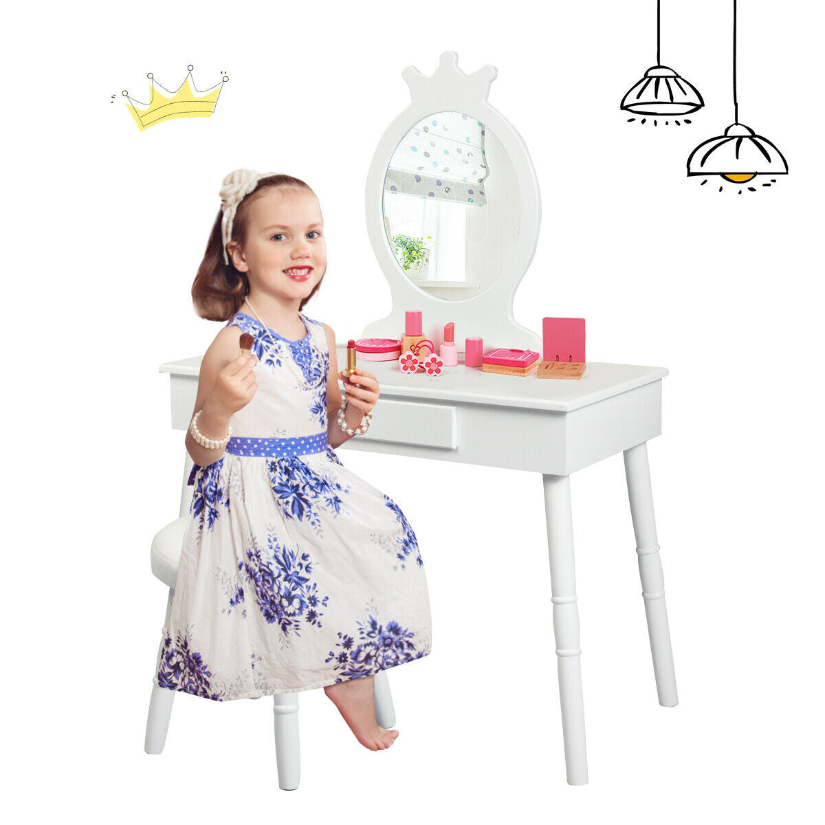 Kids Vanity Makeup Table & Chair Set - White