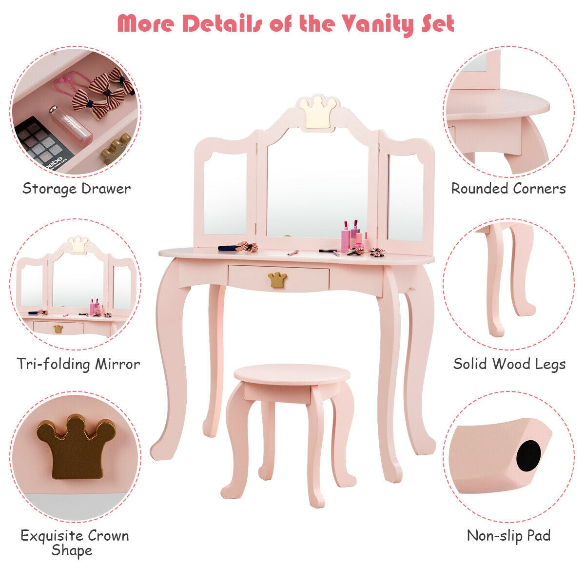 Kids Makeup Dressing Table with Tri-Folding Mirror - Pink