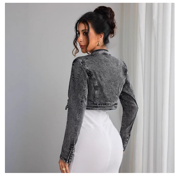 Womens Retro Short Casual Denim Jacket with Zipper