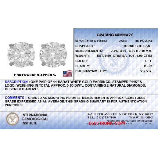 IGI Certified 14K White Gold Diamond Push Back Stud Earrings