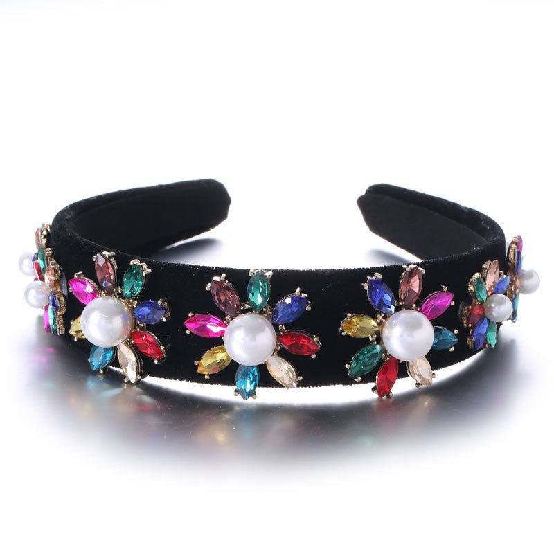 Retro Baroque Large Pearl Flower Set with Colorful Diamonds Fashion Hair Hoop - Korvel
