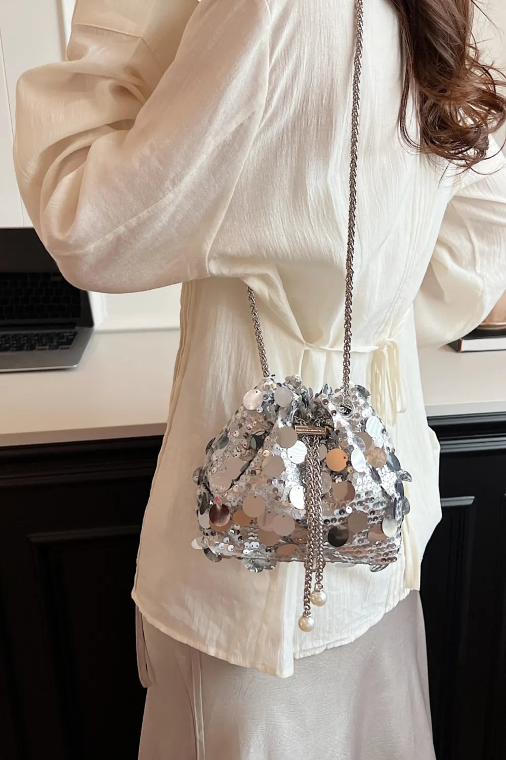 Drawstring Sequin Crossbody Bag - Korvel
